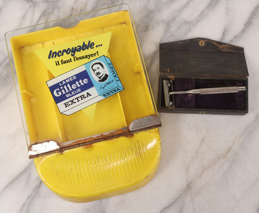 Lot 036 - Vintage Men's Shaving Lot Including French Gillette Lames Bleue Extra Advertising Ramasse-Monnaie (Change Tray) With Hinged Lid, Mid-20th Century, And Wm. Enders Single Edge Safety Razor In Case With Blades