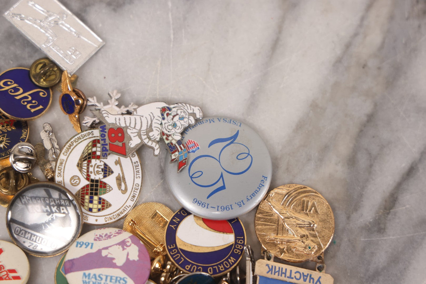 Lot 037 - Grouping Of 85+ Vintage And Modern Pins Including Winter Sports, Skiing, Figure Skating, Racing, Golf, Aviation, And Broadcasting, With Examples From A.B.C., N.B.C., And Several In Sterling Silver