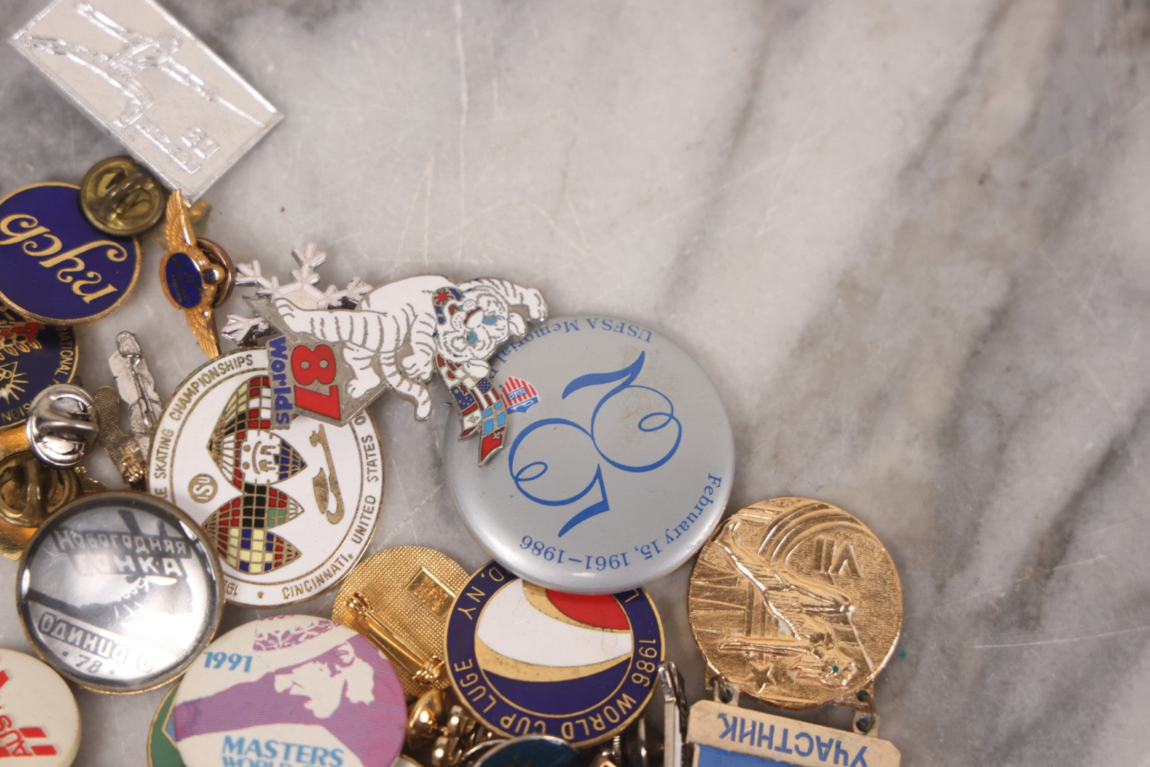 Lot 037 - Grouping Of 85+ Vintage And Modern Pins Including Winter Sports, Skiing, Figure Skating, Racing, Golf, Aviation, And Broadcasting, With Examples From A.B.C., N.B.C., And Several In Sterling Silver