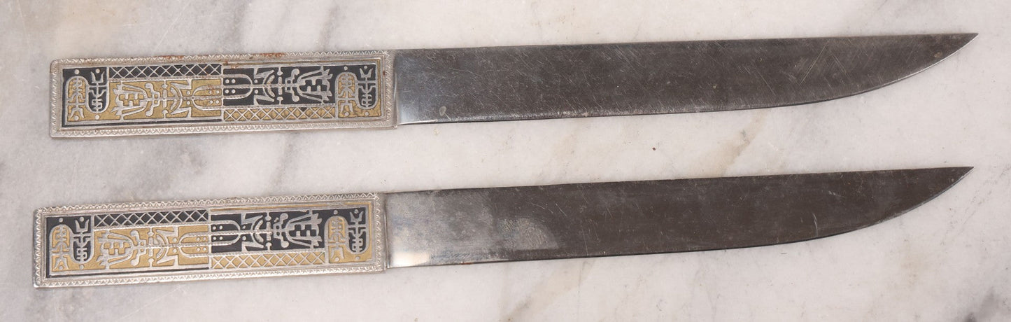 Lot 039 - Pair Of Vintage German Stainless Steel Letter Openers With Eastern-Influenced Enameled Geometric Design In Monogrammed Leather Sheath