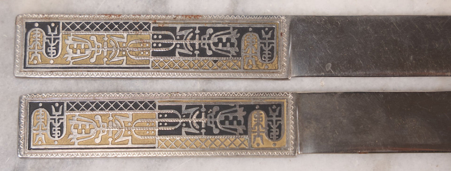 Lot 039 - Pair Of Vintage German Stainless Steel Letter Openers With Eastern-Influenced Enameled Geometric Design In Monogrammed Leather Sheath