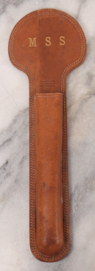 Lot 039 - Pair Of Vintage German Stainless Steel Letter Openers With Eastern-Influenced Enameled Geometric Design In Monogrammed Leather Sheath