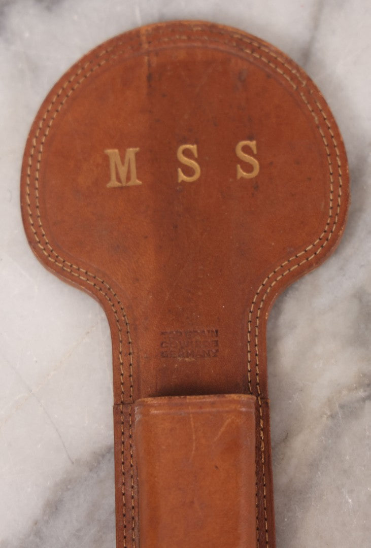 Lot 039 - Pair Of Vintage German Stainless Steel Letter Openers With Eastern-Influenced Enameled Geometric Design In Monogrammed Leather Sheath