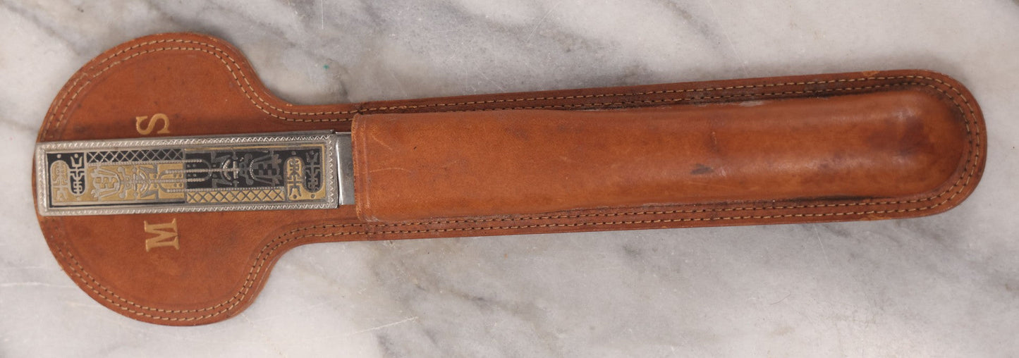 Lot 039 - Pair Of Vintage German Stainless Steel Letter Openers With Eastern-Influenced Enameled Geometric Design In Monogrammed Leather Sheath