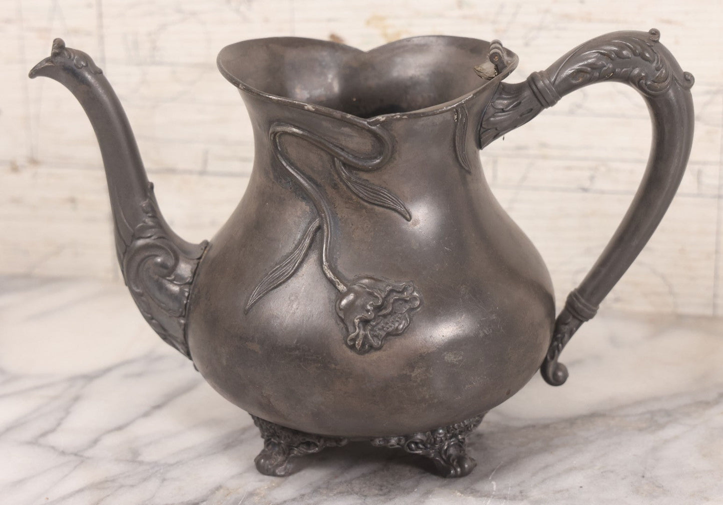 Lot 040 - Antique Art Nouveau Teapot With Floral Motif By Knickerbocker Silver Co., Silverplate On High Grade Metal, Marked “925,” With "W" Monogram, Note No Lid, 6" H