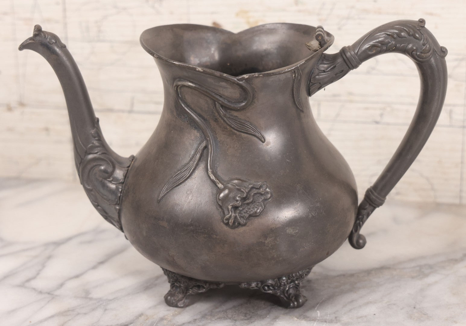 Lot 040 - Antique Art Nouveau Teapot With Floral Motif By Knickerbocker Silver Co., Silverplate On High Grade Metal, Marked “925,” With "W" Monogram, Note No Lid, 6" H