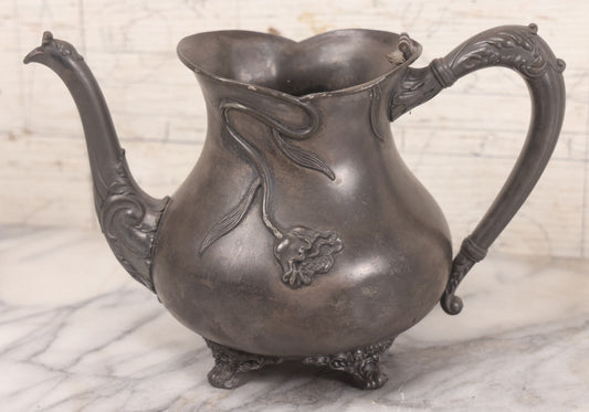 Lot 040 - Antique Art Nouveau Teapot With Floral Motif By Knickerbocker Silver Co., Silverplate On High Grade Metal, Marked “925,” With "W" Monogram, Note No Lid, 6" H