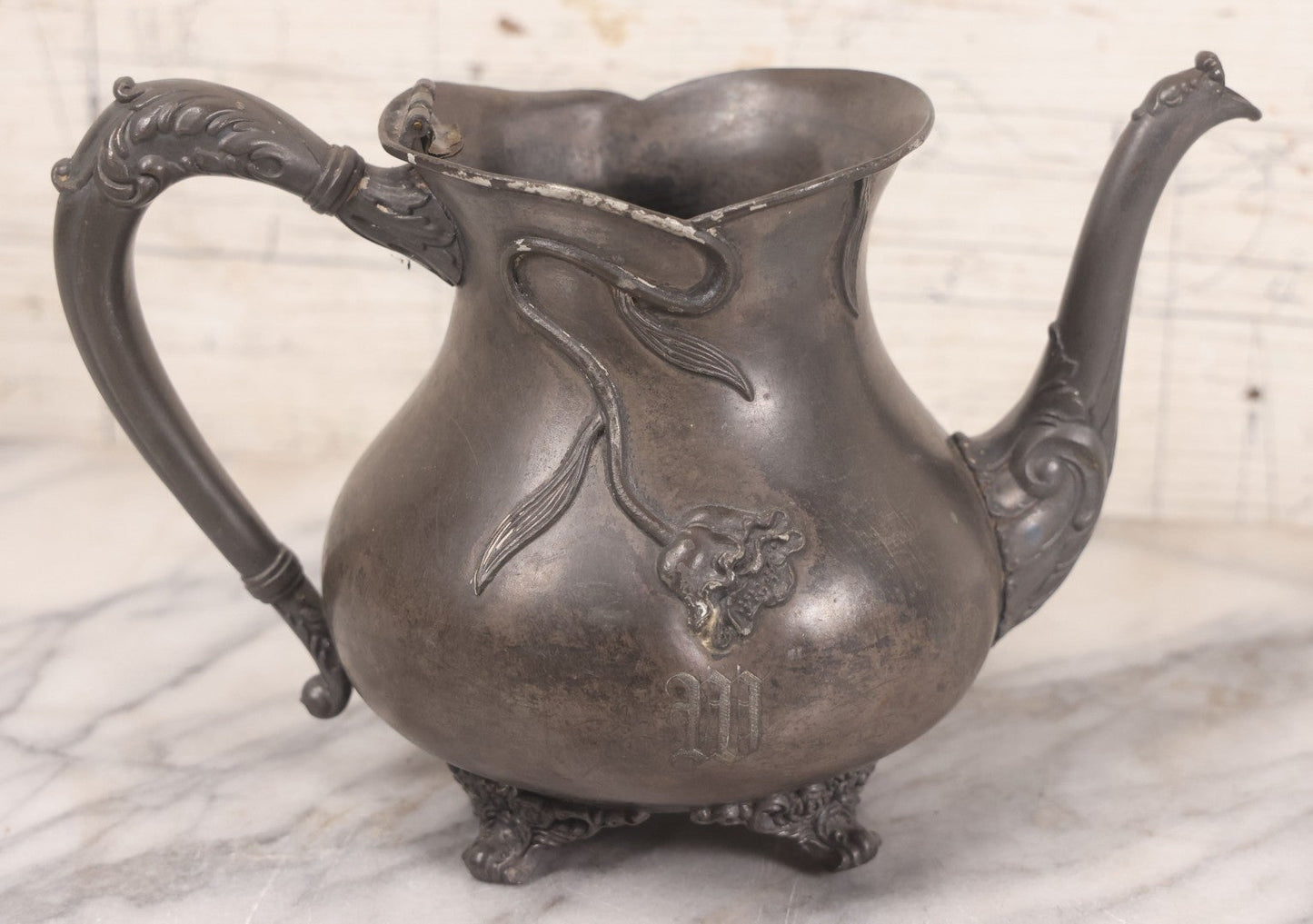 Lot 040 - Antique Art Nouveau Teapot With Floral Motif By Knickerbocker Silver Co., Silverplate On High Grade Metal, Marked “925,” With "W" Monogram, Note No Lid, 6" H