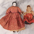Lot 041 - Pair Of Antique Miniature Dolls Including China Head Doll With Floral Red Dress, Bisque Hands And Feet, And Papier Mache Head Doll With Cloth Body, 4-1/4" H And 7" H