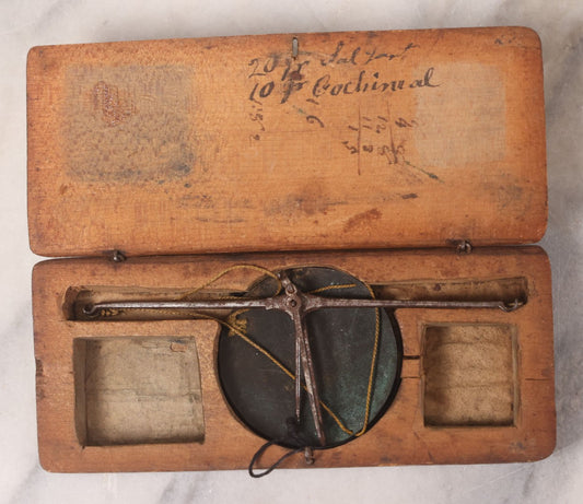 Lot 042 - Antique Travel Balancing Hand Scale In Original Hand Carved Wooden Box, Missing Weights, Handwriting Inside Lid