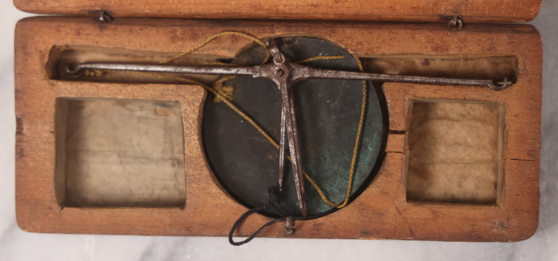 Lot 042 - Antique Travel Balancing Hand Scale In Original Hand Carved Wooden Box, Missing Weights, Handwriting Inside Lid