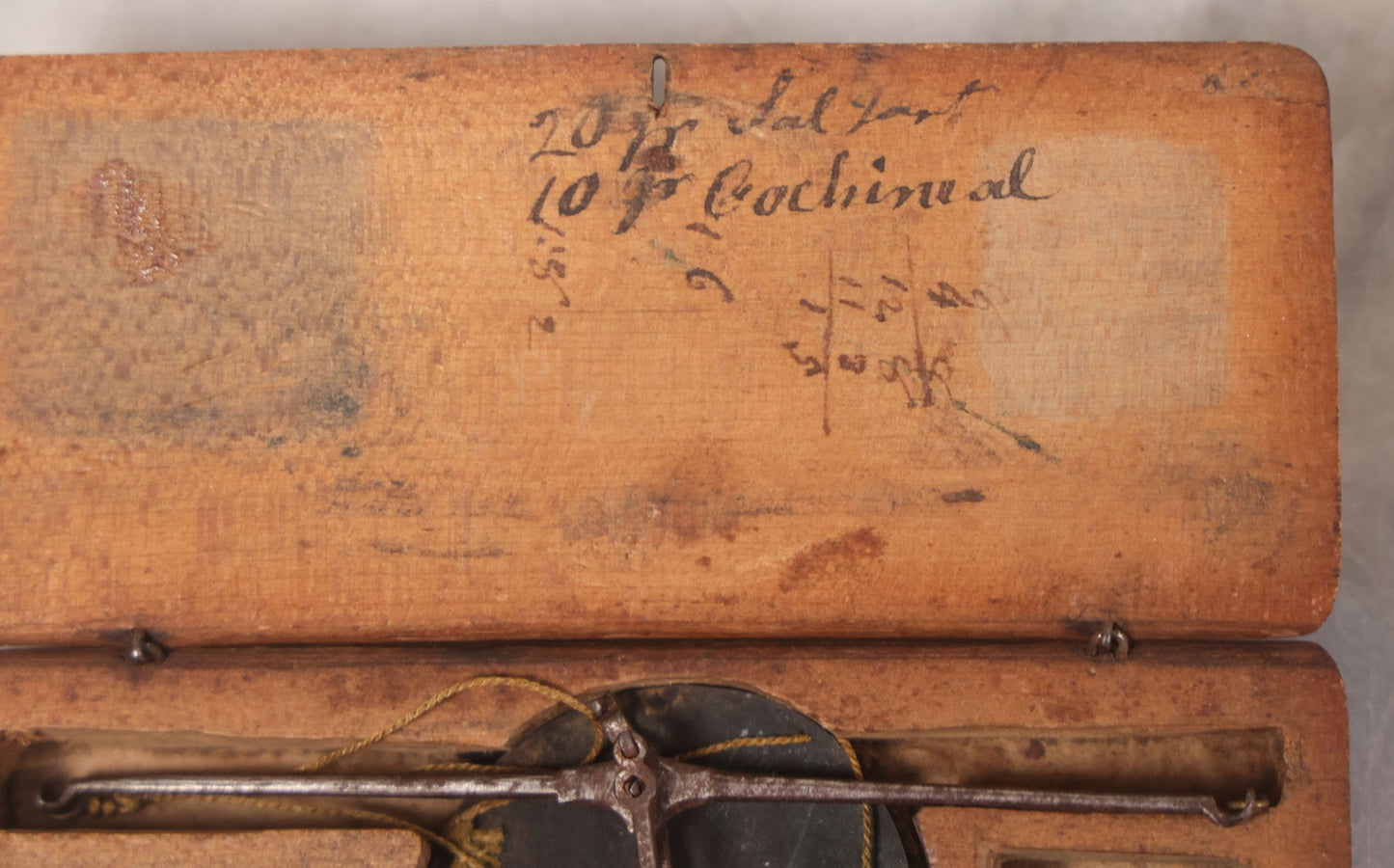 Lot 042 - Antique Travel Balancing Hand Scale In Original Hand Carved Wooden Box, Missing Weights, Handwriting Inside Lid