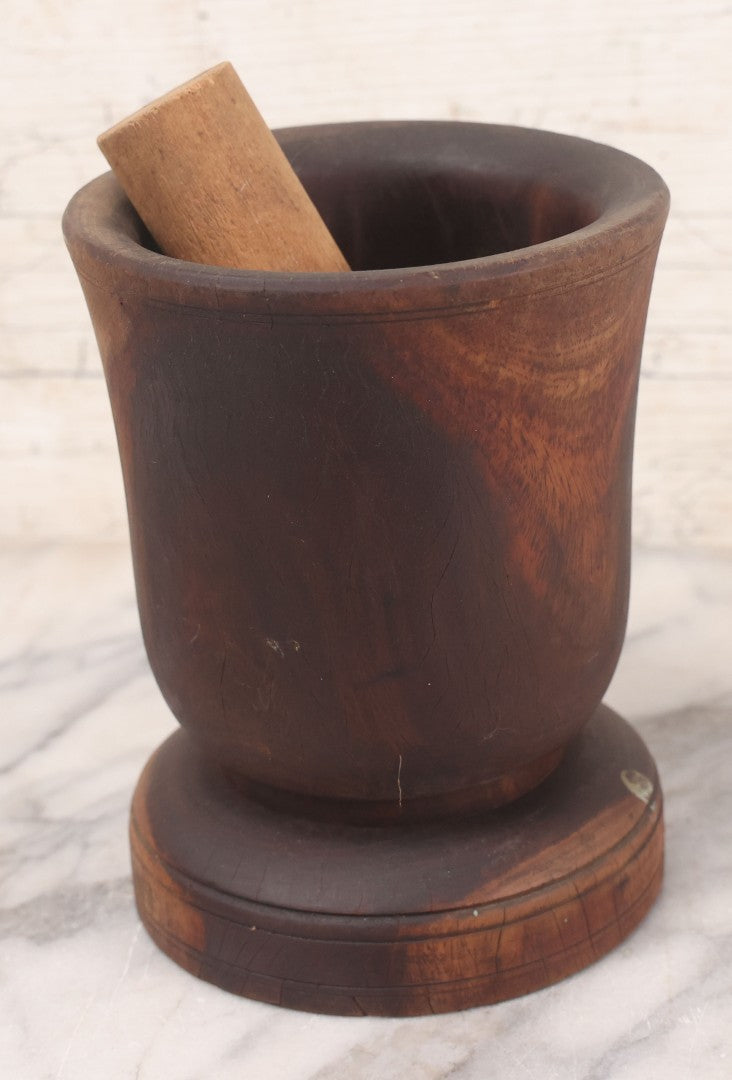 Lot 044 - Antique Heavy Turned Wood Mortar, Dark Patina, With Later Light Wood Pestle