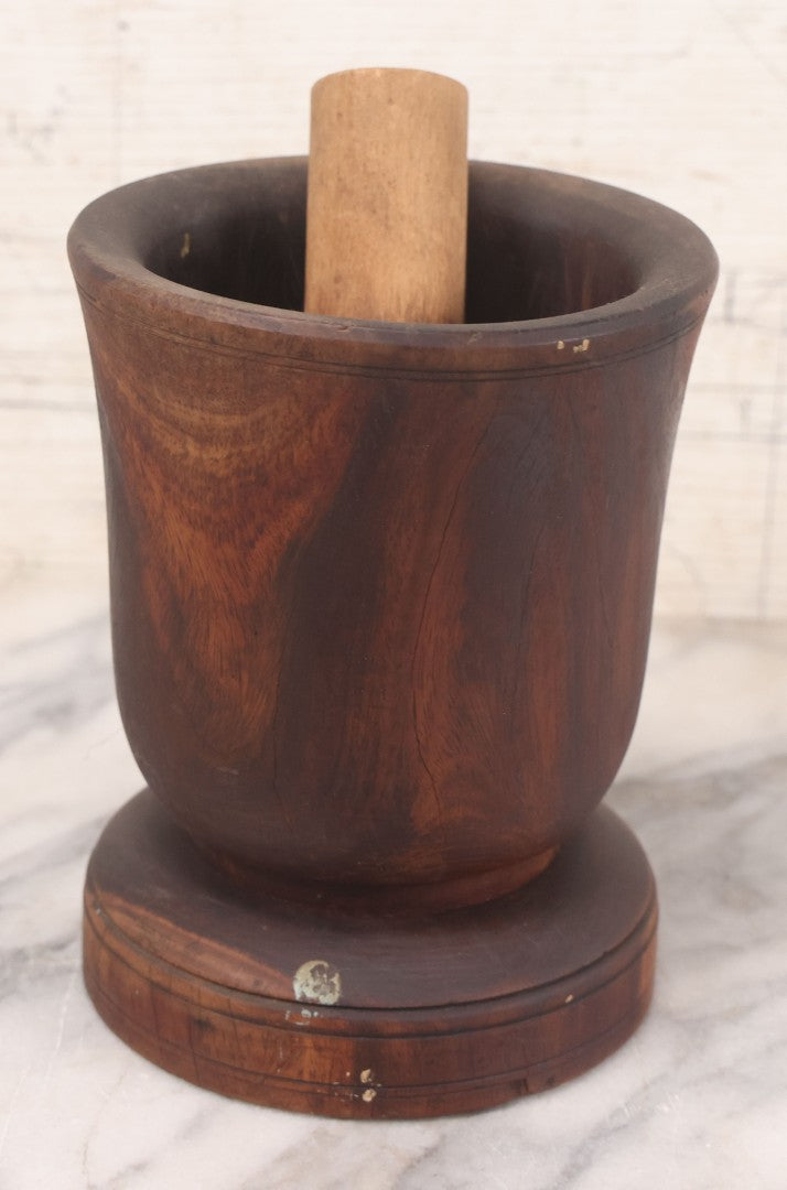 Lot 044 - Antique Heavy Turned Wood Mortar, Dark Patina, With Later Light Wood Pestle