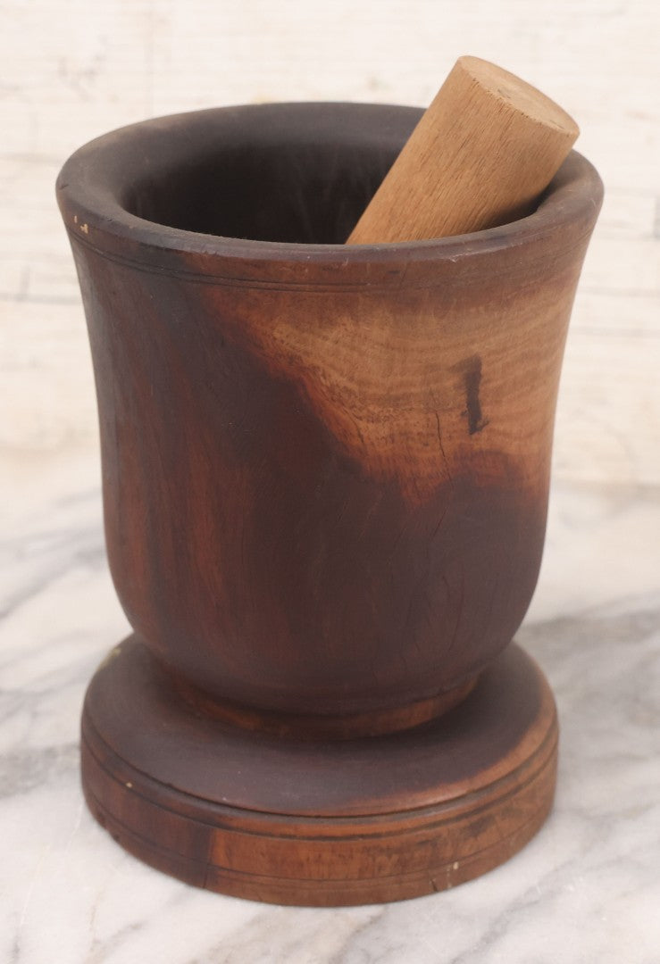 Lot 044 - Antique Heavy Turned Wood Mortar, Dark Patina, With Later Light Wood Pestle
