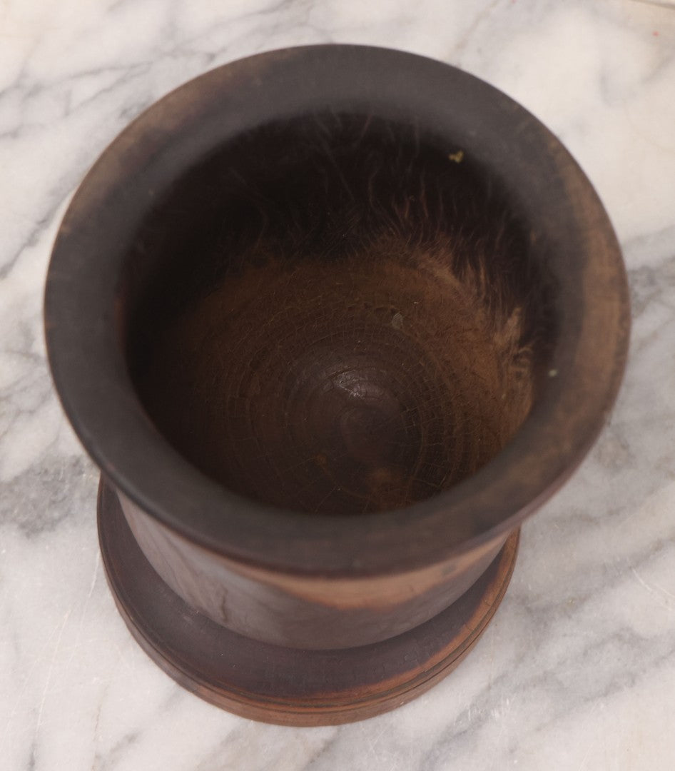 Lot 044 - Antique Heavy Turned Wood Mortar, Dark Patina, With Later Light Wood Pestle