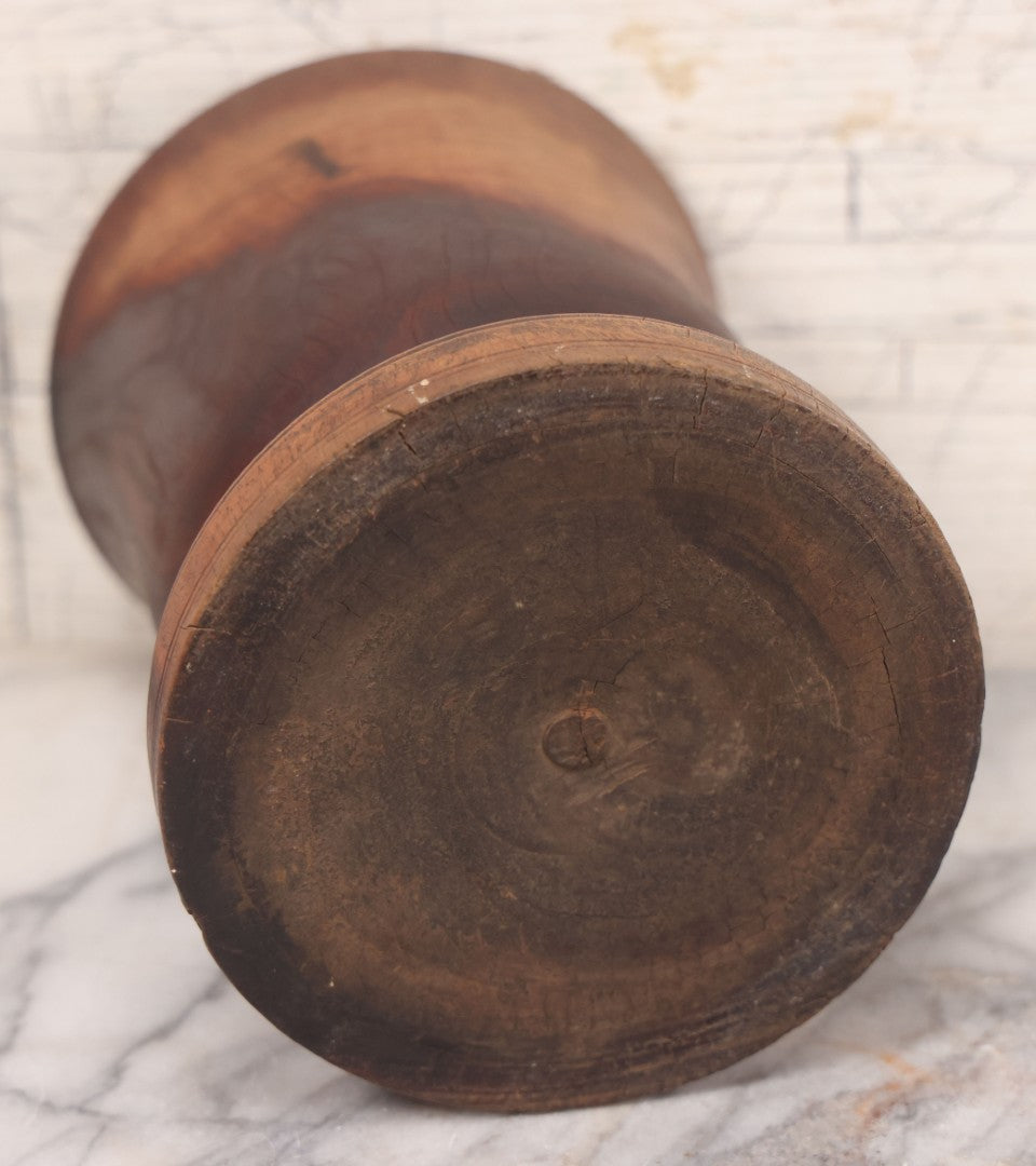 Lot 044 - Antique Heavy Turned Wood Mortar, Dark Patina, With Later Light Wood Pestle