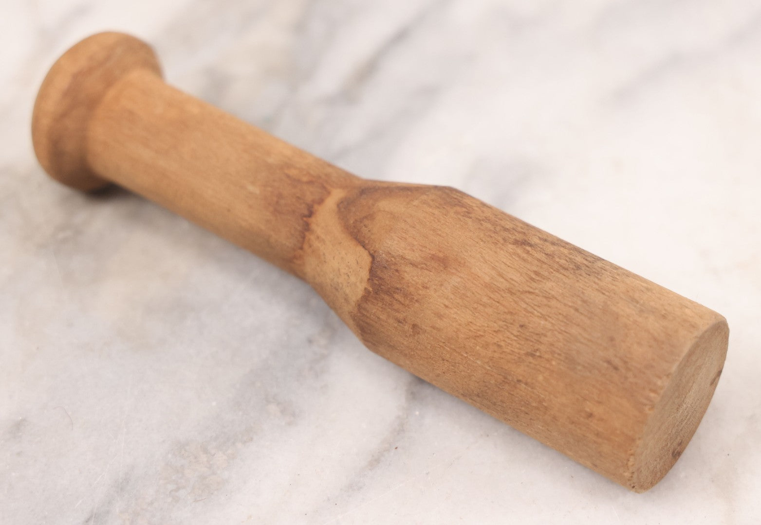 Lot 044 - Antique Heavy Turned Wood Mortar, Dark Patina, With Later Light Wood Pestle