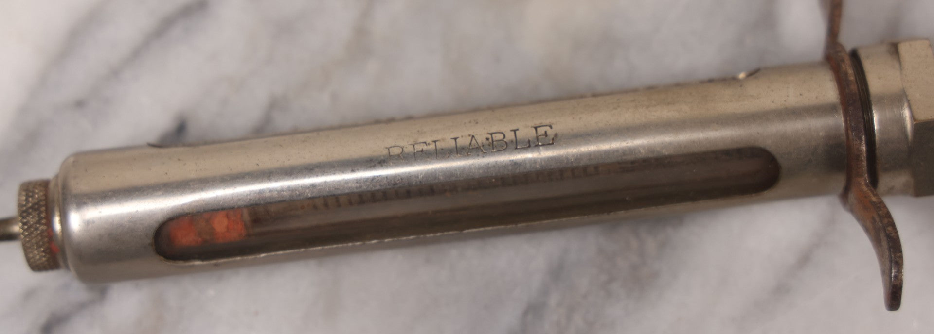 Lot 045 - Antique “Reliable” Brand Syringe No. 3 With Metal Body And Glass Center Tube, With Box Of Vintage B.D. Needles