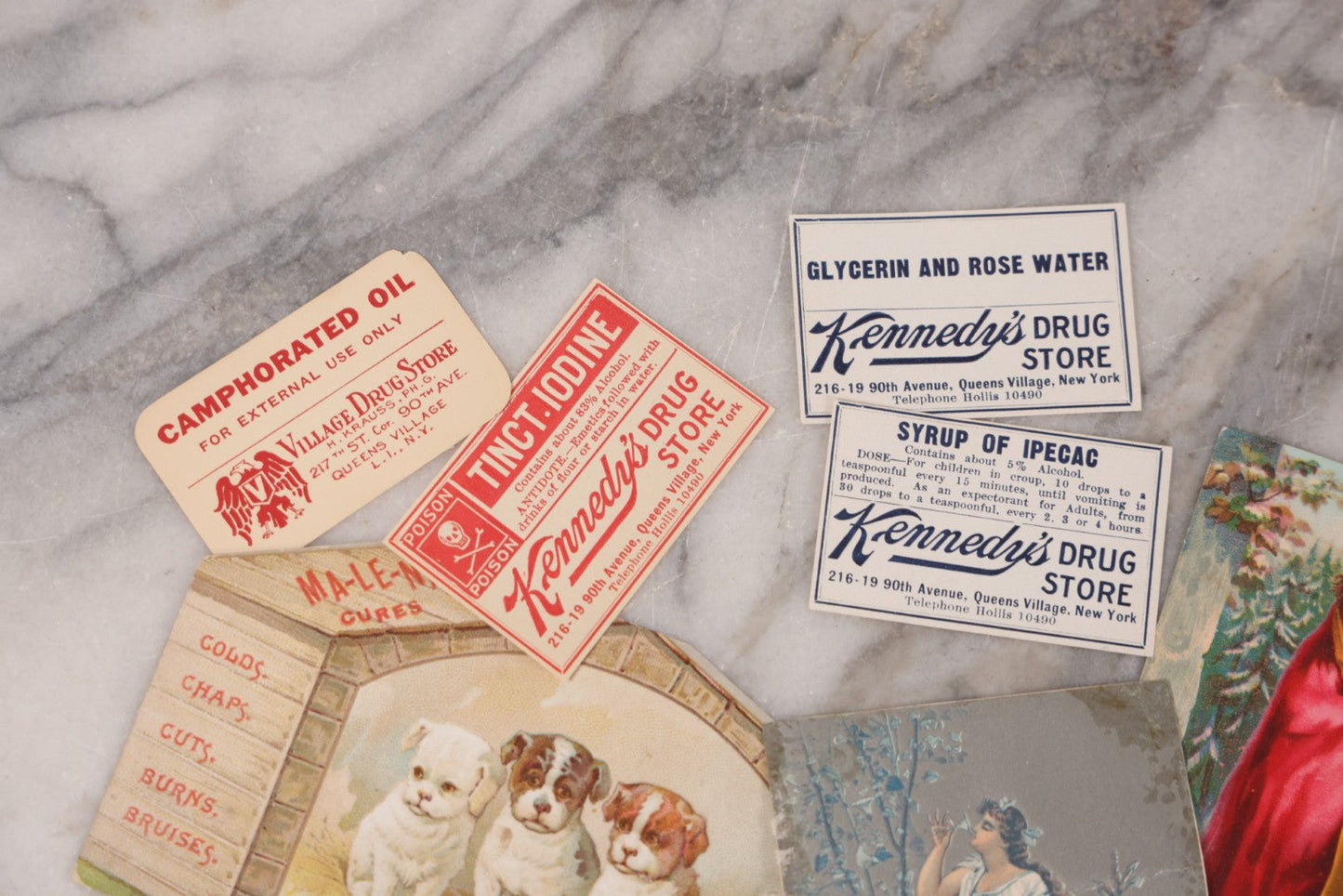 Lot 049 - Grouping Of Ten Antique Apothecary And Pharmacy Ephemera Items Including Carter's Iron Pills, Hood's Vegetable Pills, And Melvin's Cough Syrup And Other Trade Cards, With Four Unused Paper Labels