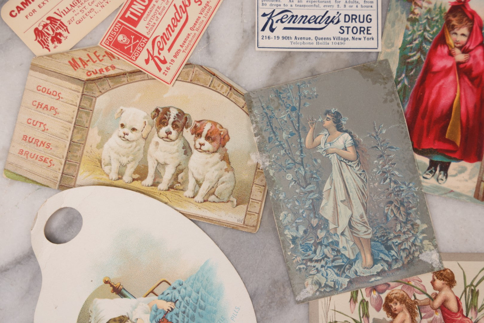 Lot 049 - Grouping Of Ten Antique Apothecary And Pharmacy Ephemera Items Including Carter's Iron Pills, Hood's Vegetable Pills, And Melvin's Cough Syrup And Other Trade Cards, With Four Unused Paper Labels