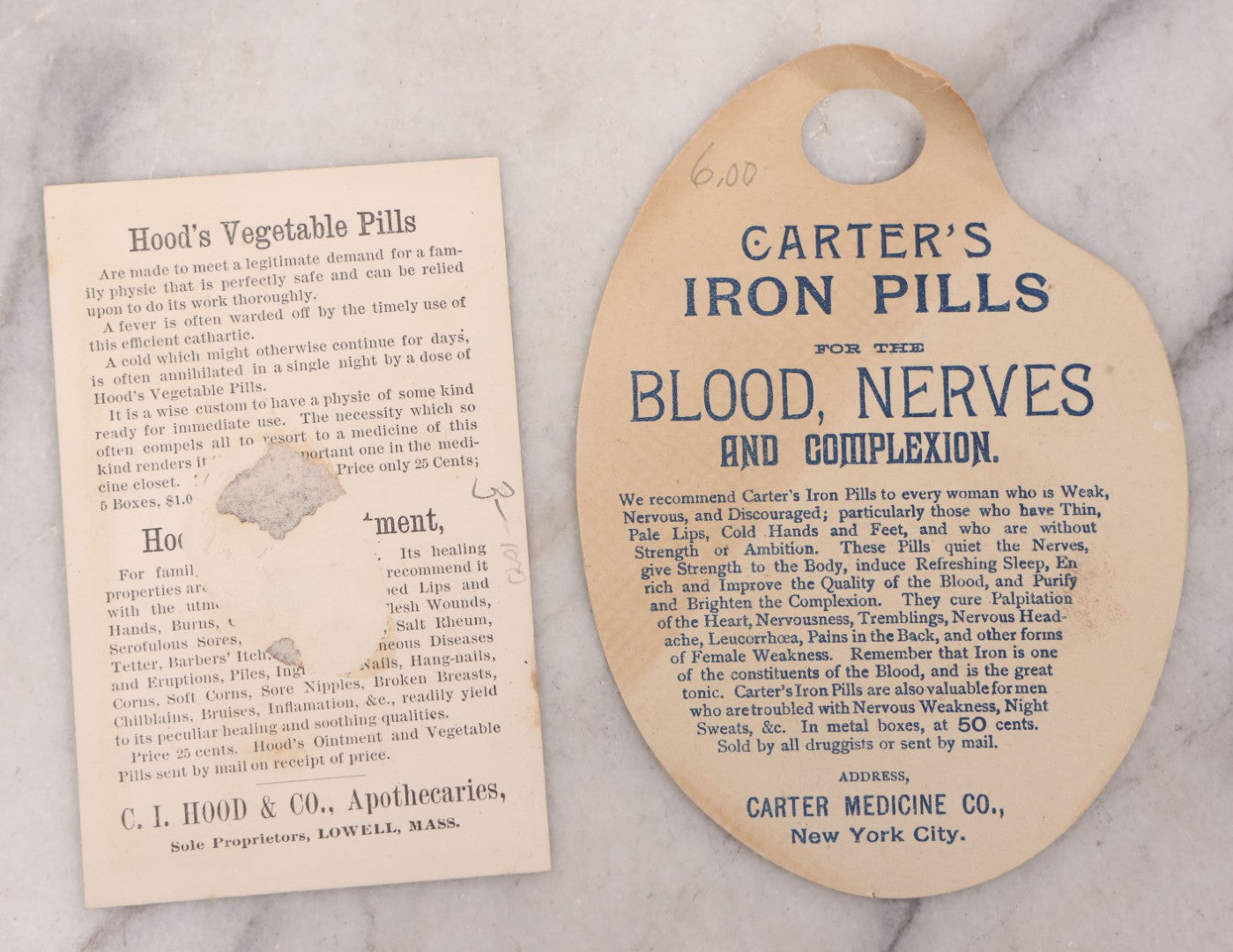 Lot 049 - Grouping Of Ten Antique Apothecary And Pharmacy Ephemera Items Including Carter's Iron Pills, Hood's Vegetable Pills, And Melvin's Cough Syrup And Other Trade Cards, With Four Unused Paper Labels