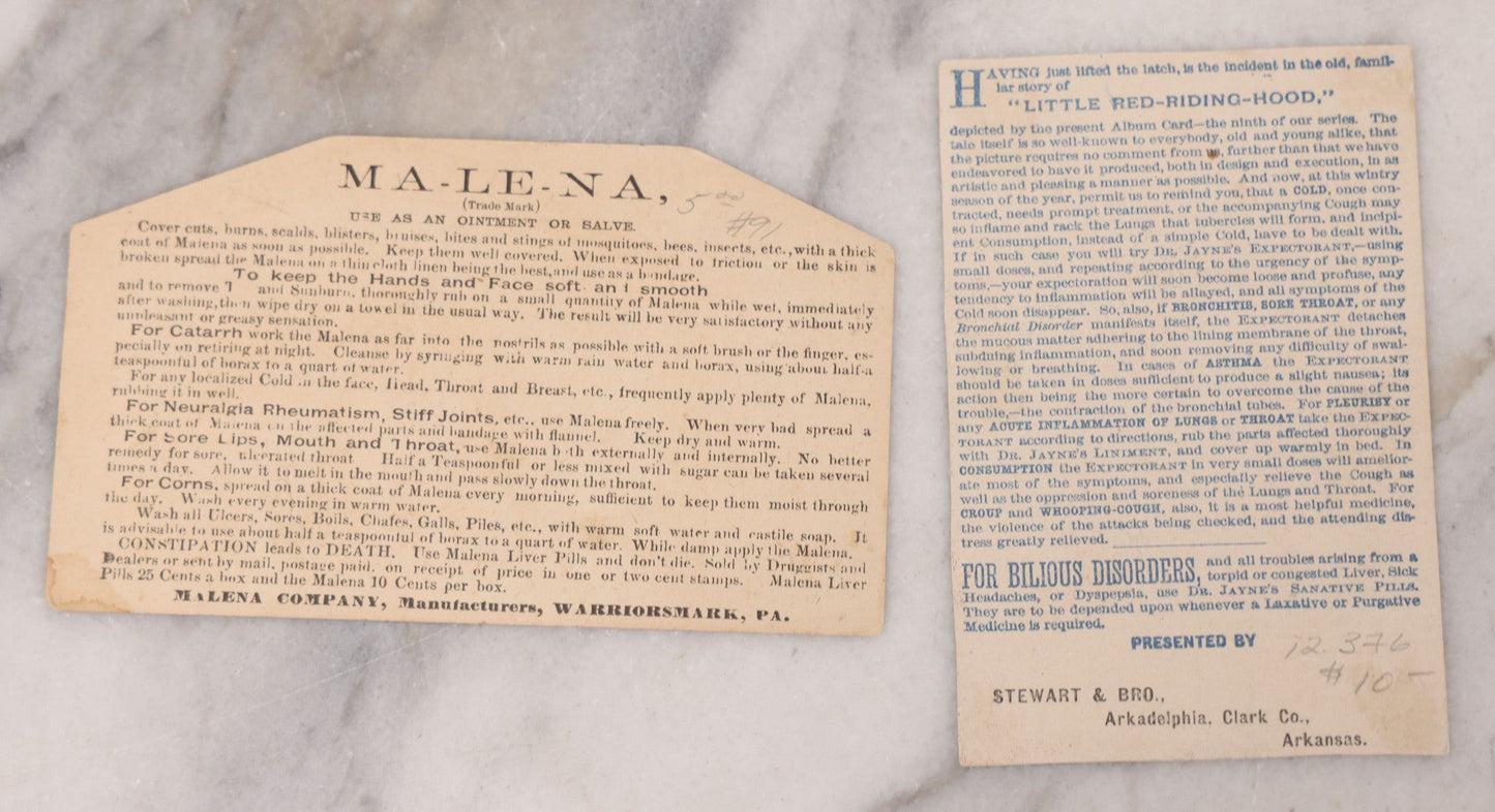Lot 049 - Grouping Of Ten Antique Apothecary And Pharmacy Ephemera Items Including Carter's Iron Pills, Hood's Vegetable Pills, And Melvin's Cough Syrup And Other Trade Cards, With Four Unused Paper Labels