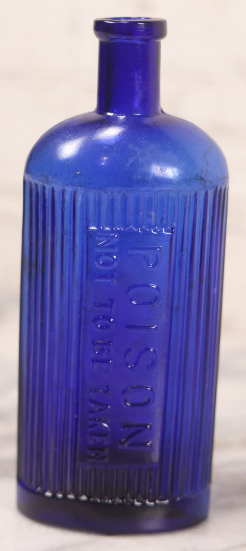 Lot 050 - Antique Cobalt Blue Glass Poison Bottle With Embossed Lettering, "Poison, Not To Be Taken," Vertical Poison Ribs, 6-5/8" H