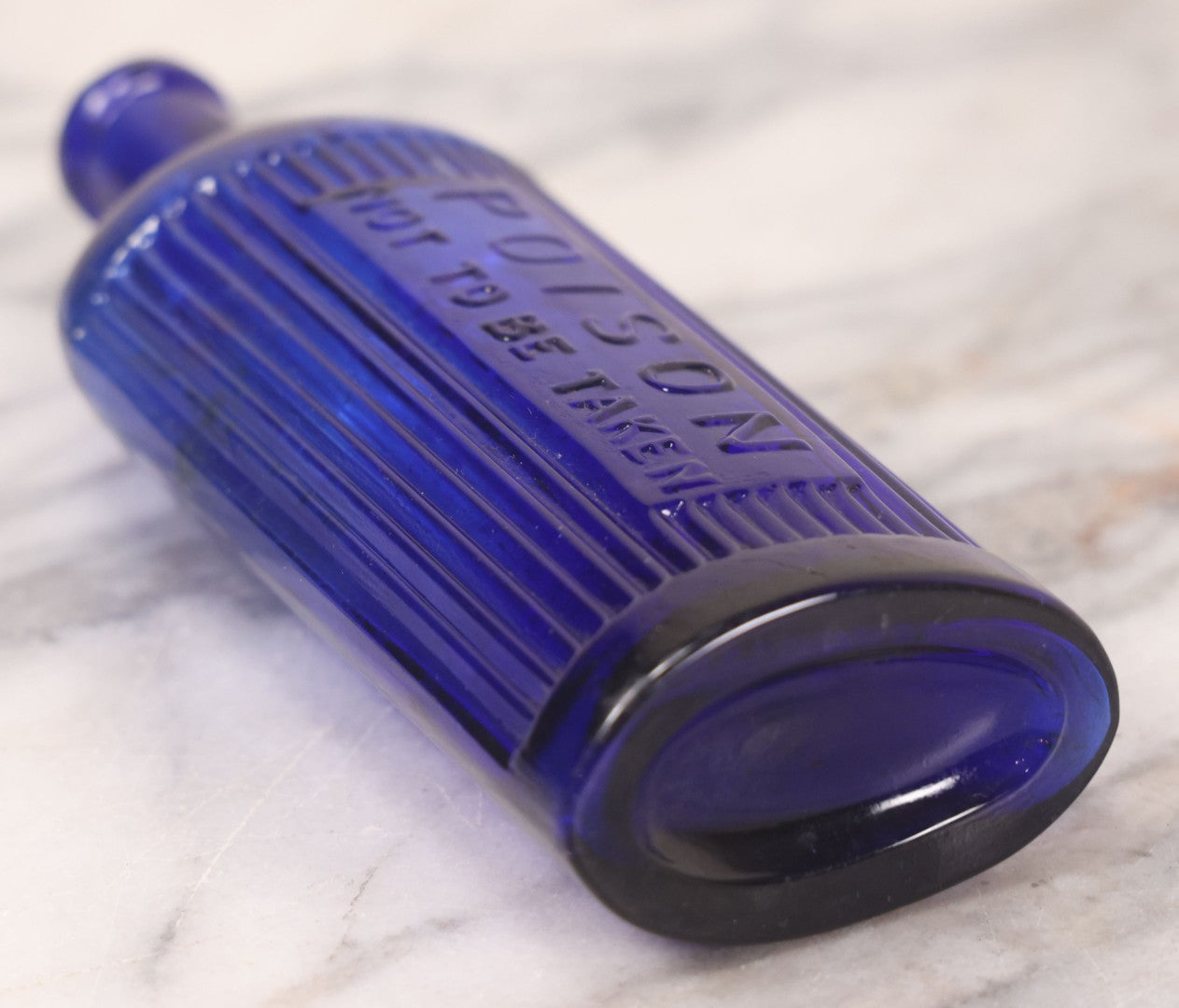 Lot 050 - Antique Cobalt Blue Glass Poison Bottle With Embossed Lettering, "Poison, Not To Be Taken," Vertical Poison Ribs, 6-5/8" H