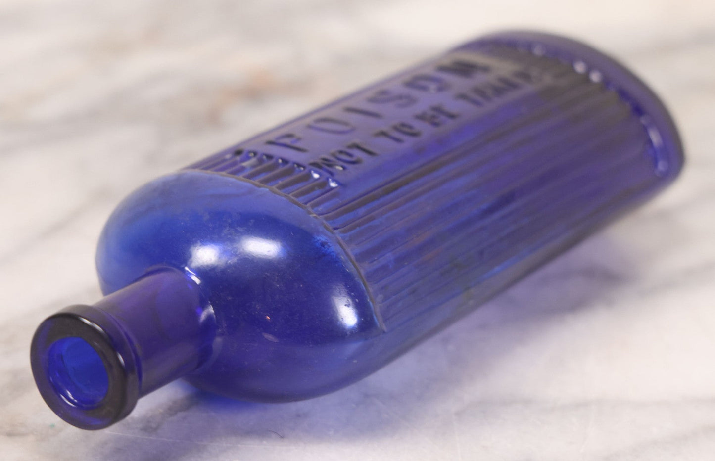 Lot 050 - Antique Cobalt Blue Glass Poison Bottle With Embossed Lettering, "Poison, Not To Be Taken," Vertical Poison Ribs, 6-5/8" H