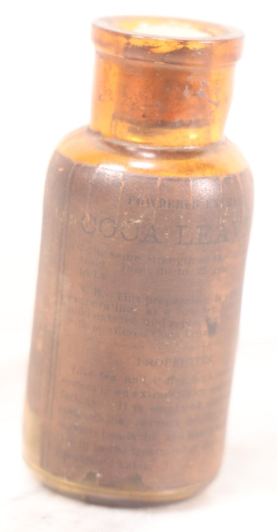 Lot 052 - Antique Parke, Davis & Co. “Erythroxylon Coca” Powdered Extract Amber Glass Bottle With Original Paper Label And Contents, Detroit, Michigan, 3-1/2" H