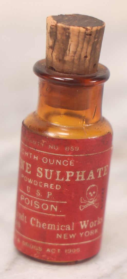 Lot 053 - Antique Mallinckrodt Chemical Works “Codeine Sulfate” Powder U.S.P. Amber Glass Bottle With Red Poison Label Featuring Skull And Crossbones, 1/8 Oz. Size, St. Louis & New York, Marked Food And Drugs Act 1906, 2-5/8" H