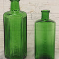 Lot 063 - Pair Of Antique Green Glass Poison Bottles With Embossed Lettering “Not To Be Taken,” Vertical Poison Ribs, Including Hexagonal 8Oz And Rectangular 4 Oz Sizes