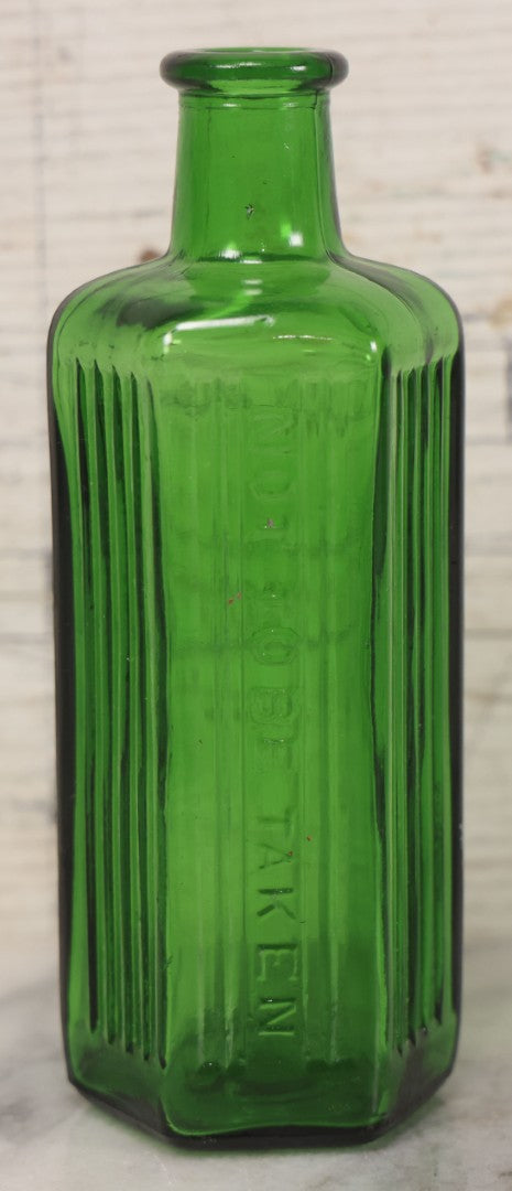 Lot 063 - Pair Of Antique Green Glass Poison Bottles With Embossed Lettering “Not To Be Taken,” Vertical Poison Ribs, Including Hexagonal 8Oz And Rectangular 4 Oz Sizes