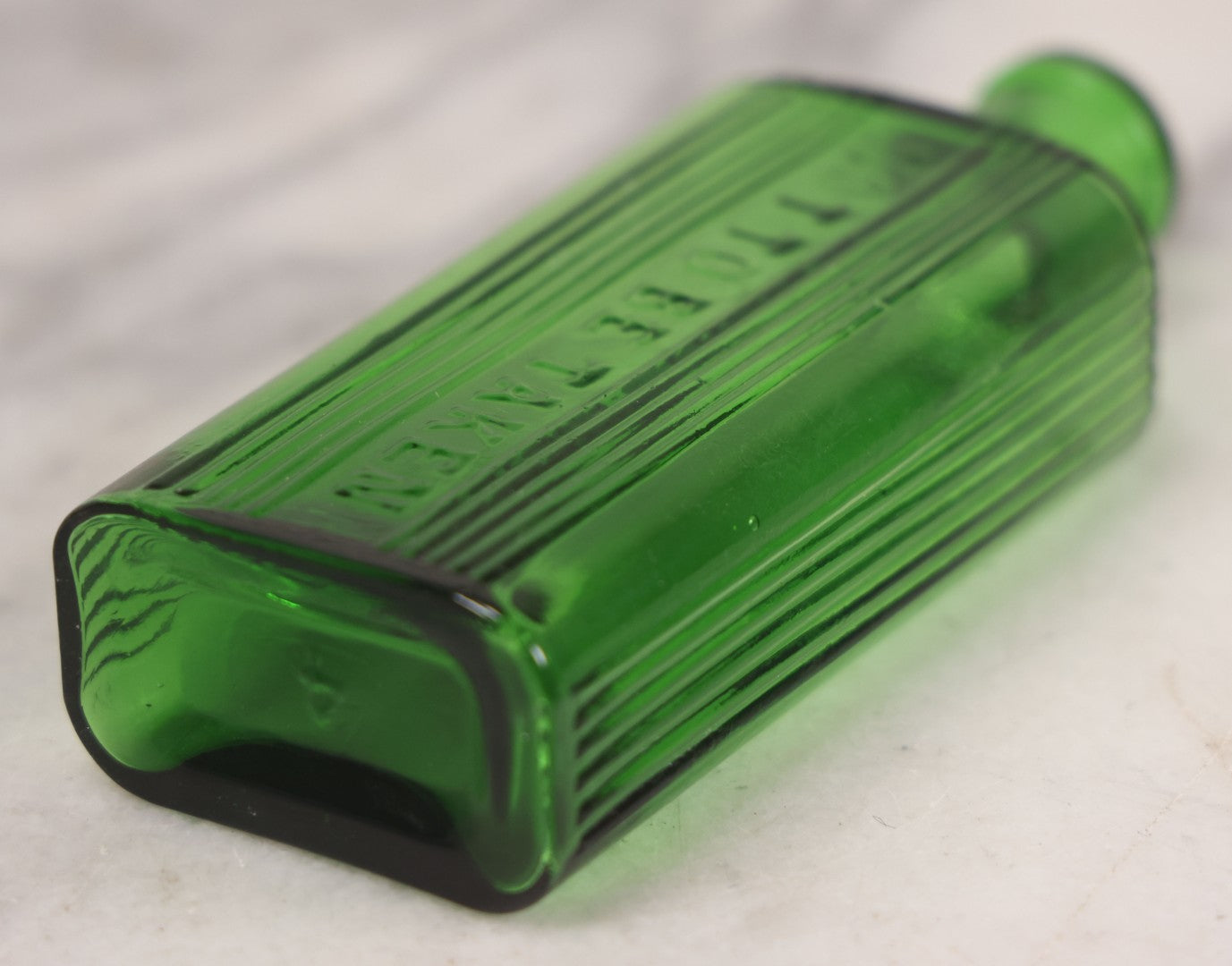 Lot 063 - Pair Of Antique Green Glass Poison Bottles With Embossed Lettering “Not To Be Taken,” Vertical Poison Ribs, Including Hexagonal 8Oz And Rectangular 4 Oz Sizes