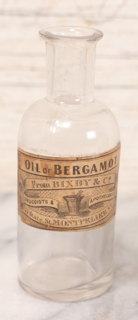 Lot 071 - Grouping Of Six Antique And Vintage Bottles Including Camphorated Oil From Small's Pharmacy, Stonington, Maine, Oil Of Bergamot From Bixby & Co., Montpelier, Vermont, Wright Blood Stain From Hartman Leddon Co., Philadelphia, And Others