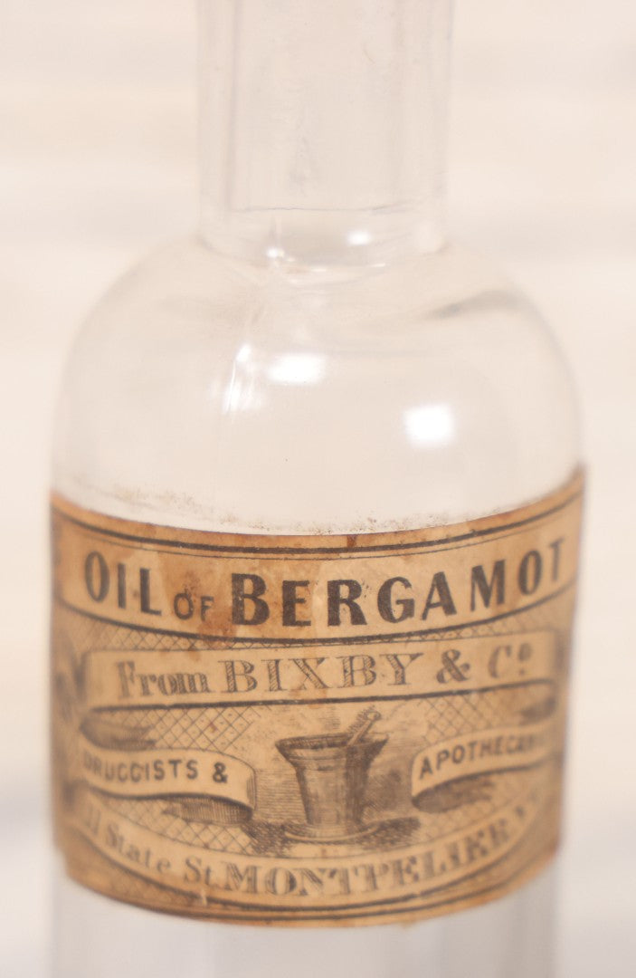 Lot 071 - Grouping Of Six Antique And Vintage Bottles Including Camphorated Oil From Small's Pharmacy, Stonington, Maine, Oil Of Bergamot From Bixby & Co., Montpelier, Vermont, Wright Blood Stain From Hartman Leddon Co., Philadelphia, And Others