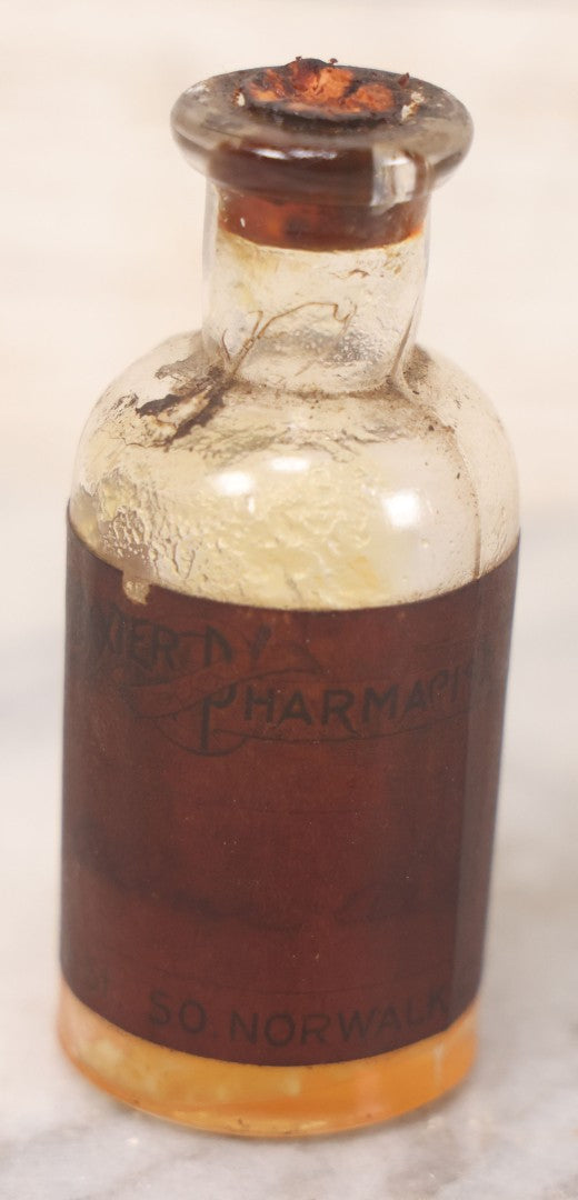 Lot 071 - Grouping Of Six Antique And Vintage Bottles Including Camphorated Oil From Small's Pharmacy, Stonington, Maine, Oil Of Bergamot From Bixby & Co., Montpelier, Vermont, Wright Blood Stain From Hartman Leddon Co., Philadelphia, And Others