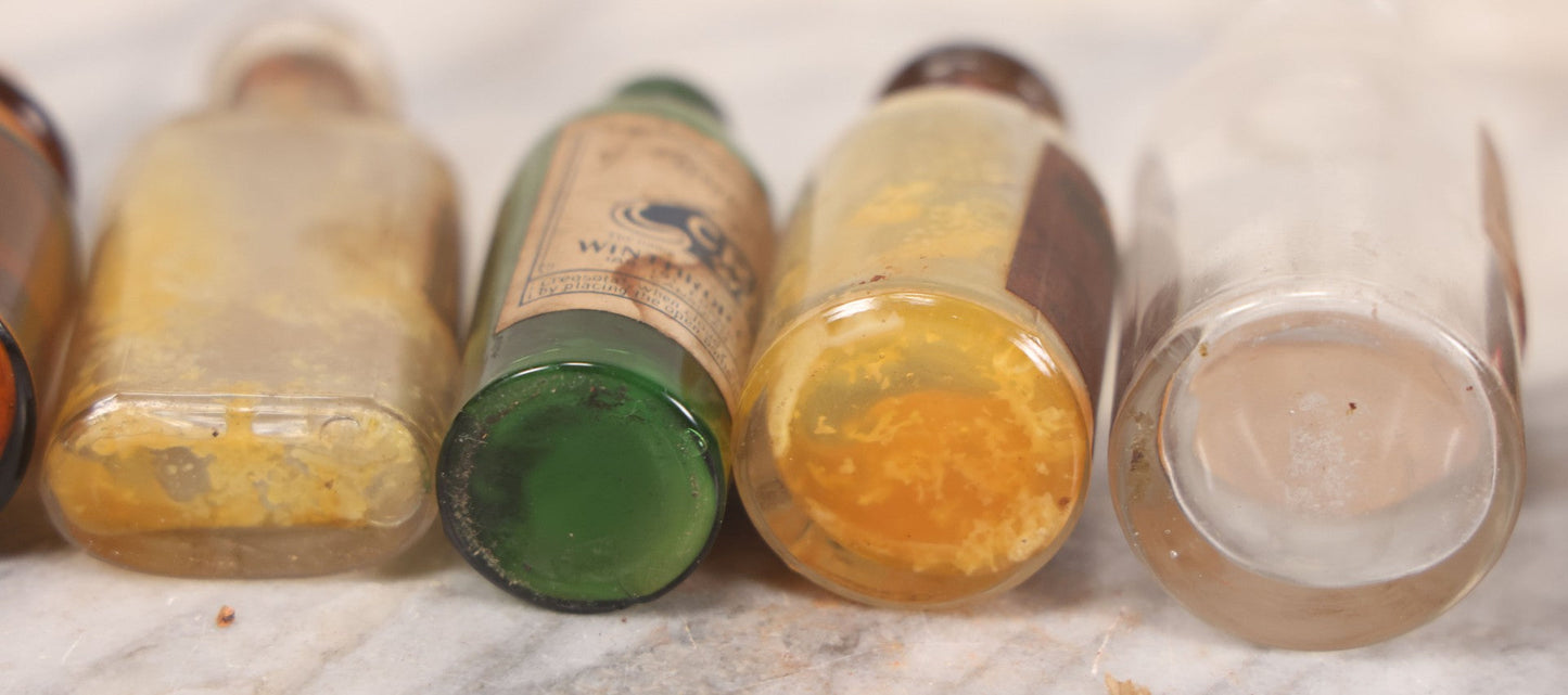 Lot 071 - Grouping Of Six Antique And Vintage Bottles Including Camphorated Oil From Small's Pharmacy, Stonington, Maine, Oil Of Bergamot From Bixby & Co., Montpelier, Vermont, Wright Blood Stain From Hartman Leddon Co., Philadelphia, And Others