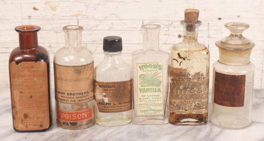 Lot 072 - Grouping Of Six Antique Bottles Including Donovan's Solution From Gilman Brother Inc., Boston, Mercury Chalk From James E. Signorelli, Everett, Massachusetts, Calabar Bean Extract From John Wyeth & Brother, Philadelphia, And Others