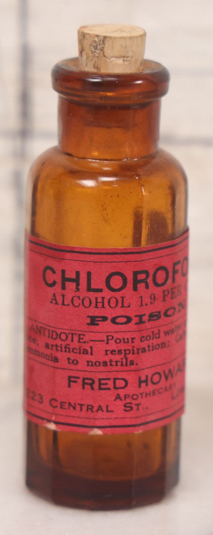 Lot 079 - Grouping Of Four Antique Bottles With Later-Applied Labels Including Aqua Ammonia Burnham Drug Co., Old Town M.E., Bichloride Mercury U.S.P., Tincture Of Iodine, Fred. L. Borden, Crestline O.H., & Chloroform Fred Howard Apothecary, Lowell M.A.