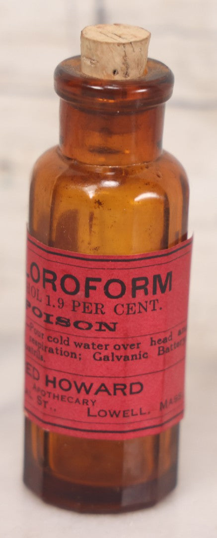 Lot 079 - Grouping Of Four Antique Bottles With Later-Applied Labels Including Aqua Ammonia Burnham Drug Co., Old Town M.E., Bichloride Mercury U.S.P., Tincture Of Iodine, Fred. L. Borden, Crestline O.H., & Chloroform Fred Howard Apothecary, Lowell M.A.