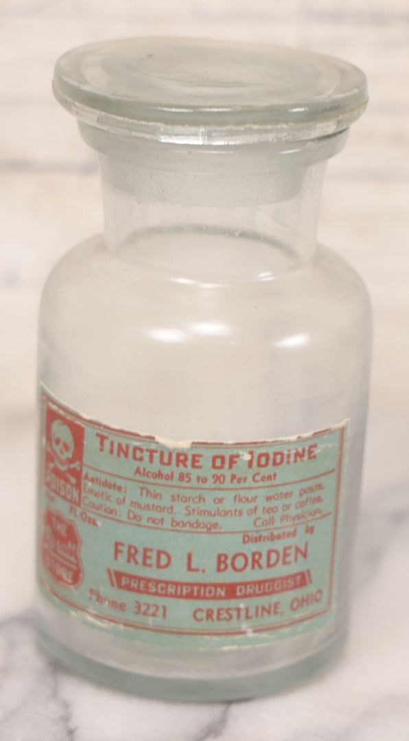 Lot 079 - Grouping Of Four Antique Bottles With Later-Applied Labels Including Aqua Ammonia Burnham Drug Co., Old Town M.E., Bichloride Mercury U.S.P., Tincture Of Iodine, Fred. L. Borden, Crestline O.H., & Chloroform Fred Howard Apothecary, Lowell M.A.