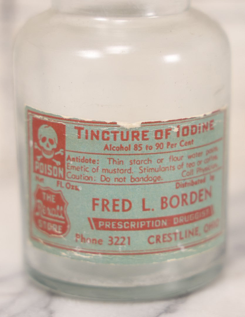 Lot 079 - Grouping Of Four Antique Bottles With Later-Applied Labels Including Aqua Ammonia Burnham Drug Co., Old Town M.E., Bichloride Mercury U.S.P., Tincture Of Iodine, Fred. L. Borden, Crestline O.H., & Chloroform Fred Howard Apothecary, Lowell M.A.