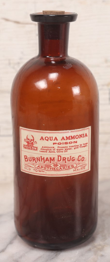 Lot 079 - Grouping Of Four Antique Bottles With Later-Applied Labels Including Aqua Ammonia Burnham Drug Co., Old Town M.E., Bichloride Mercury U.S.P., Tincture Of Iodine, Fred. L. Borden, Crestline O.H., & Chloroform Fred Howard Apothecary, Lowell M.A.