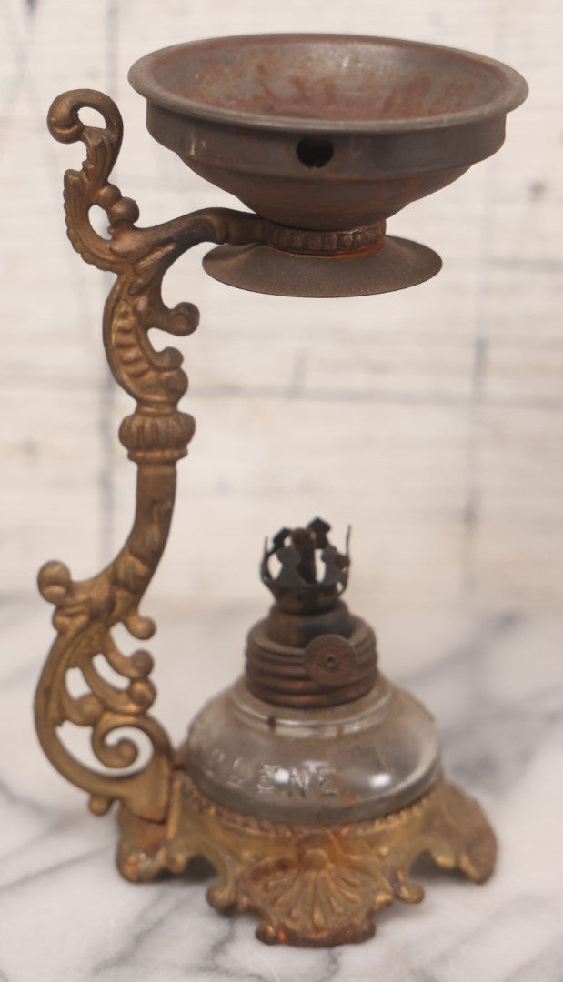 Lot 082 - Antique Vapo-Cresolene Lot Including Two Brass Vaporizers With Lamps (One Complete, One Incomplete) And Poison Bottle With Studded Poison Ribs And Paper Label, Vapo-Cresolene Co., New York, NY