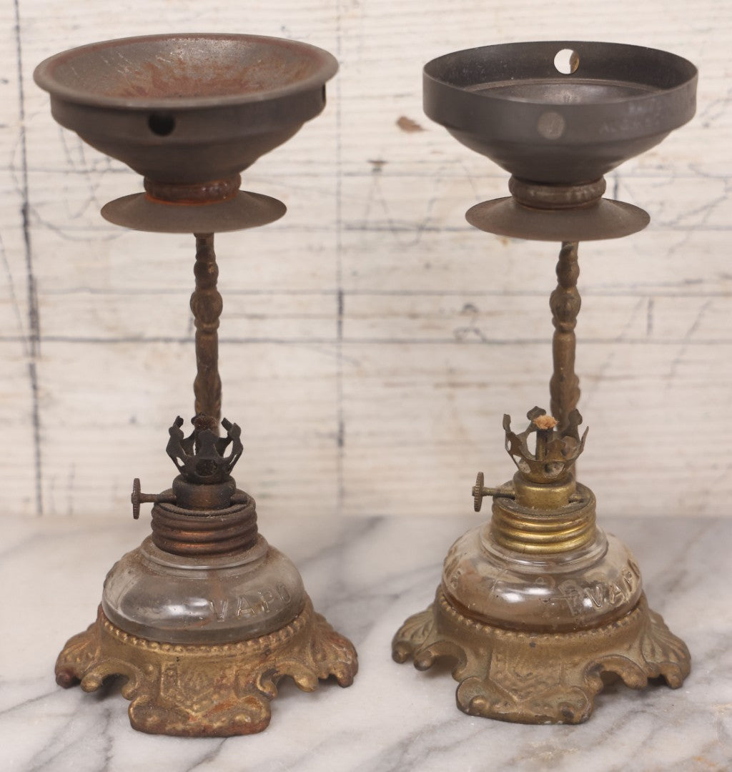 Lot 082 - Antique Vapo-Cresolene Lot Including Two Brass Vaporizers With Lamps (One Complete, One Incomplete) And Poison Bottle With Studded Poison Ribs And Paper Label, Vapo-Cresolene Co., New York, NY