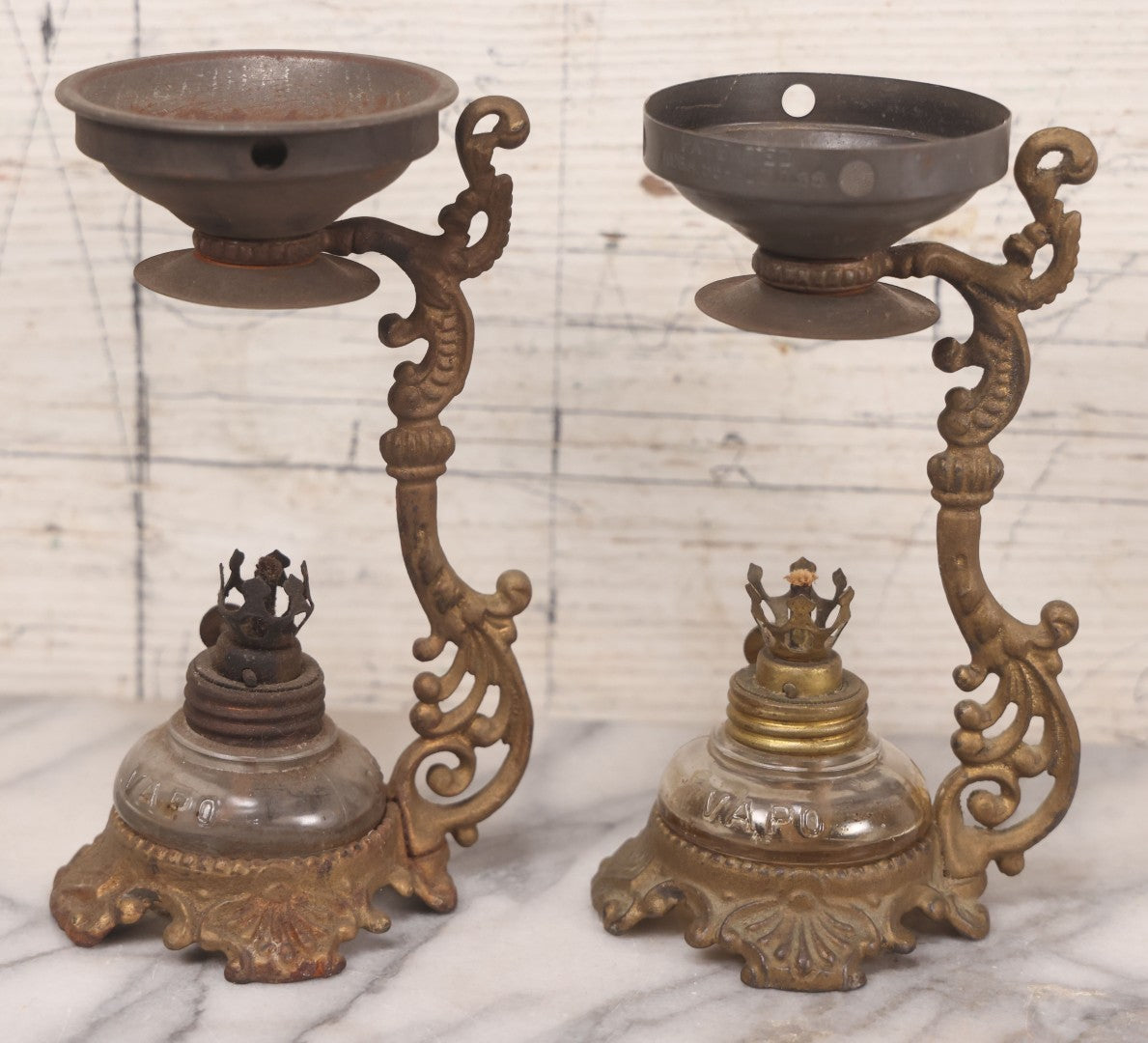 Lot 082 - Antique Vapo-Cresolene Lot Including Two Brass Vaporizers With Lamps (One Complete, One Incomplete) And Poison Bottle With Studded Poison Ribs And Paper Label, Vapo-Cresolene Co., New York, NY