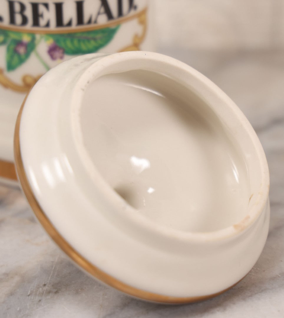 Lot 083 - Reproduction Fantasy Apothecary Jar With Lid Marked “Fol. Bellad.” White Opaque Pottery With Gold Painted Lines, Mid-20th Century, Bottom Marked Made In U.S.A., 7-5/8" H