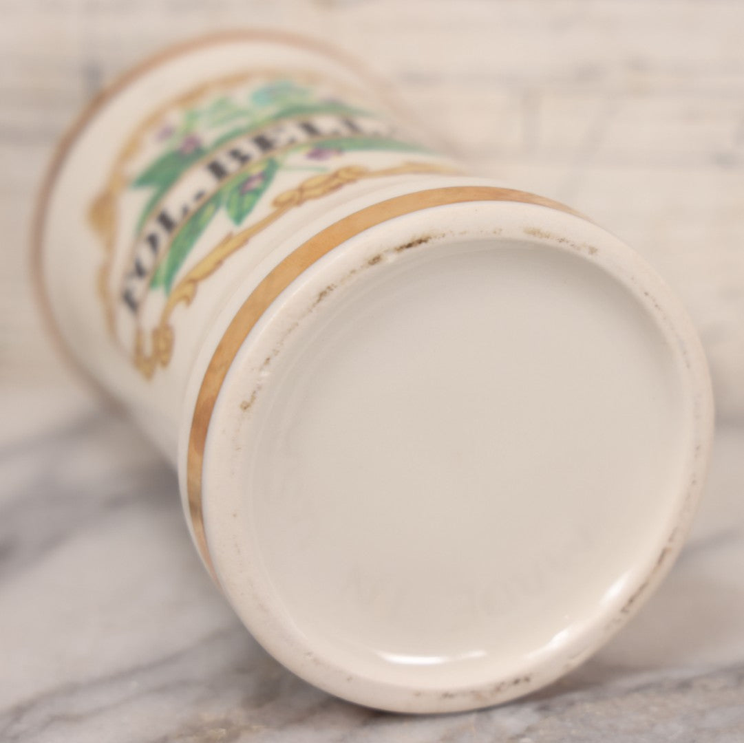 Lot 083 - Reproduction Fantasy Apothecary Jar With Lid Marked “Fol. Bellad.” White Opaque Pottery With Gold Painted Lines, Mid-20th Century, Bottom Marked Made In U.S.A., 7-5/8" H